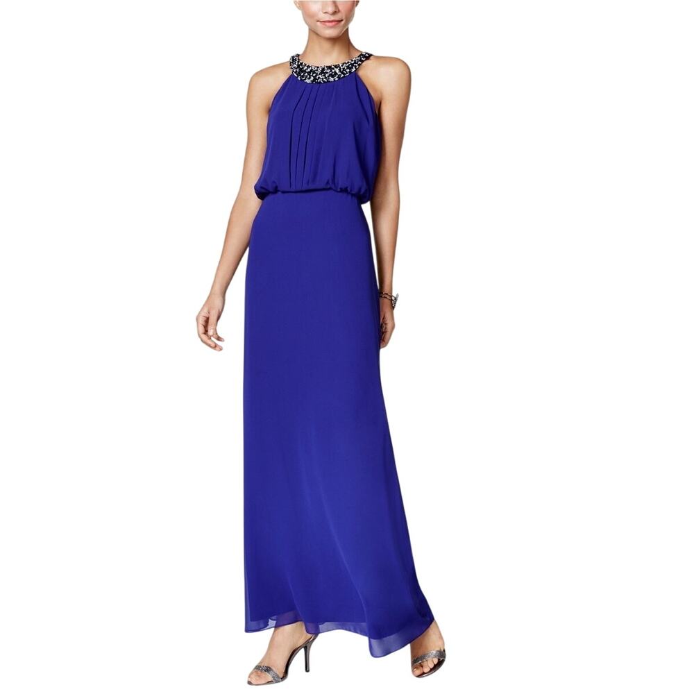 Nine West Purple Chiffon Bead Embellished Pleated Blouson Bodice Maxi Dress 8